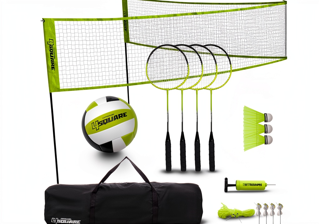 Installing Triumph 4‑Square Volleyball Badminton Combo Set on a wooden deck